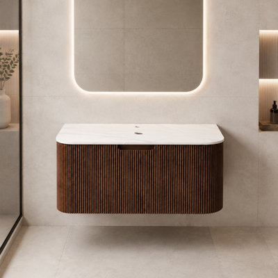 36-Inch Walnut Finish Wall-Mounted Bathroom Vanity Base with Artificial Stone Countertop, Sink Not Included