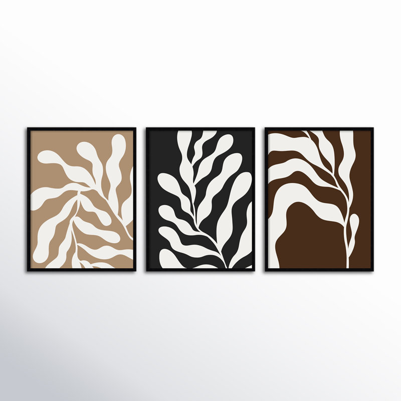 Retro Matisse Inspired Abstract Botanical - 3 Pieces by Erminia, Black, 80" W x 33" H
