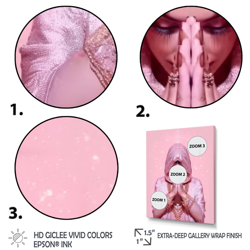 «Namaste Mudra Retro Pink Glam Woman» sur impression sur toile, H 32 po x l 16 po x P 1 po, Cadre simple argenté