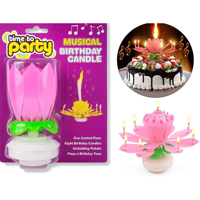  Birthdays Lotus Flower Musical Birthday Candle Spinning Birthday Cake Decoration Pink pkg/3