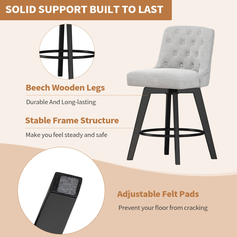 Swivel Upholstered 26'' Counter Stool Wood Leg, Greige, Counter Stool (26" Seat Height), 1