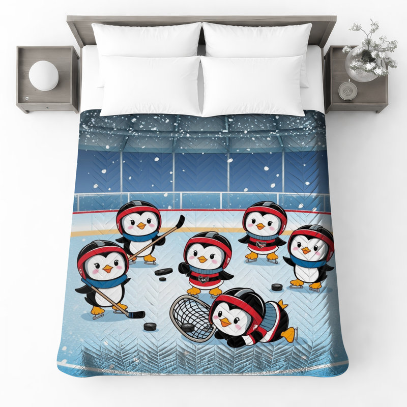 Pingouins jouant au hockey sur un couvre-lit matelassé toutes tailles, Double