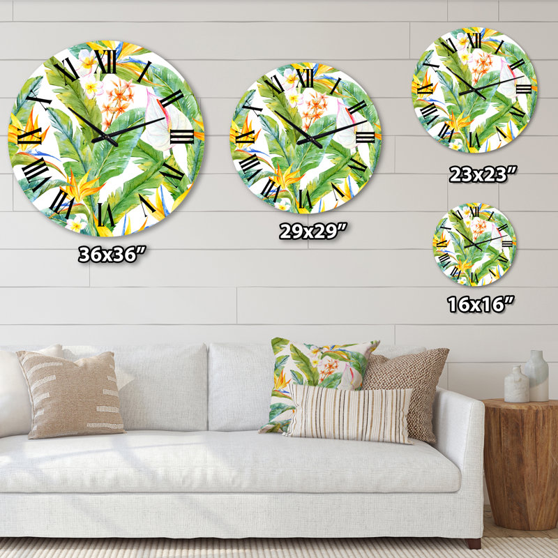 Horloge murale moderne - feuillage tropical et fleurs jaunes II, Grand, Blanc/vert