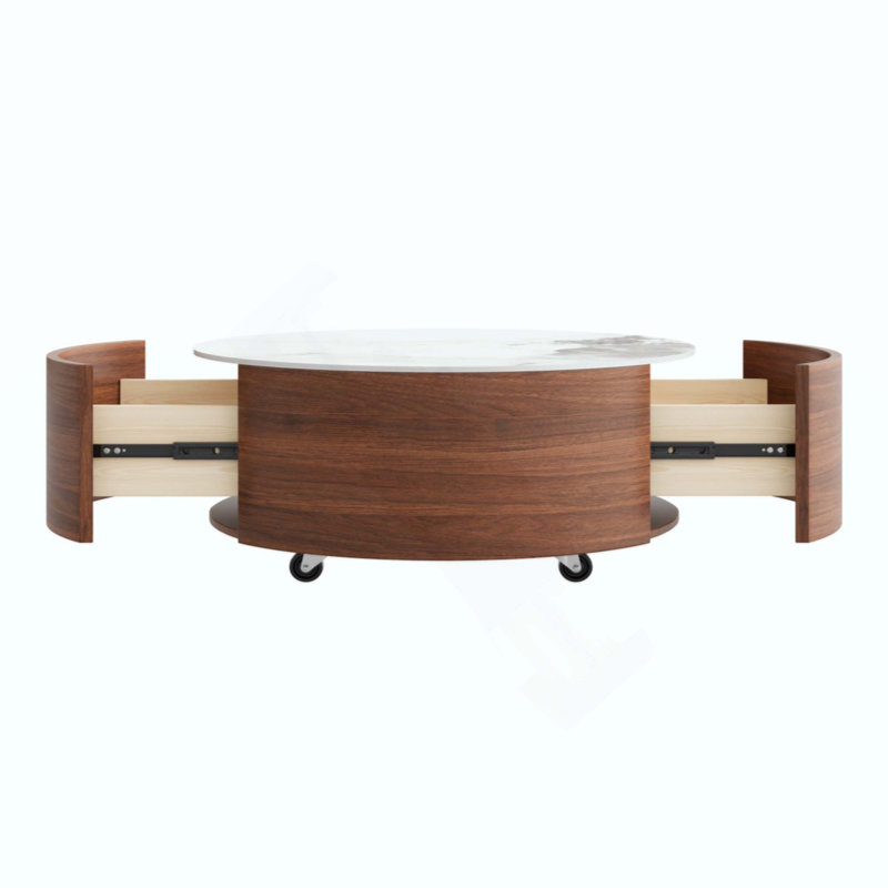 Table basse ronde moderne mobile avec roulettes, 2 tiroirs, plateau en marbre fritté à motif marbré, Blanc / Noyer