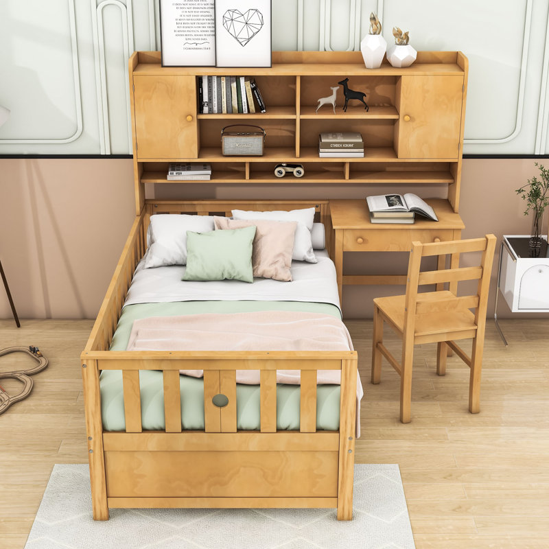 Twin Wood Platform Bed with Bookshelf, Chair, Desk and Drawer, Natural