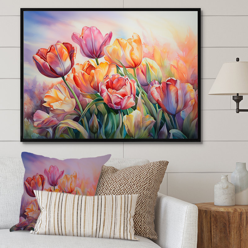 Tulipes au coucher du soleil II sur toile, H 24 po x l 32 po x P 1 po, Cadre flottant noir