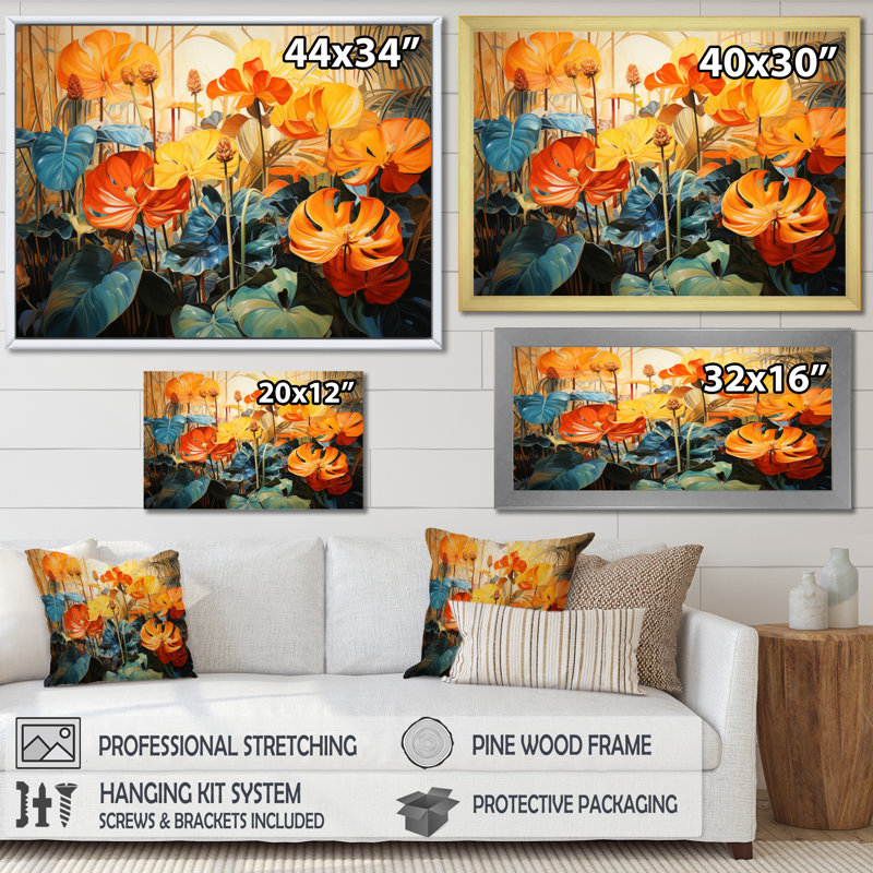 Plantes tropicales orange et vertes IV sur toile, H 16 po x l 32 po x P 1 po, Cadre photo noir