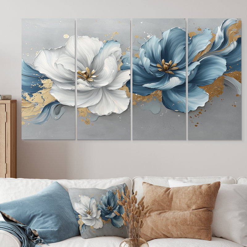 «Blue Velvet Blue Tulips River II - Tulips Wall Decor - Traditional Wall Art», 4 pièces, H 32 po x l 64 po