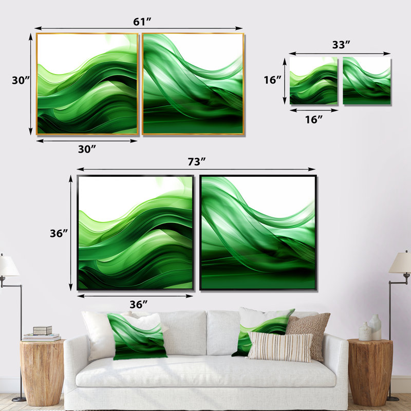 «Green and White Fractal Waves I», ensemble d'art mural sur toile abstraite, Cadre blanc, H 30 po x l 61 po x P 1 po