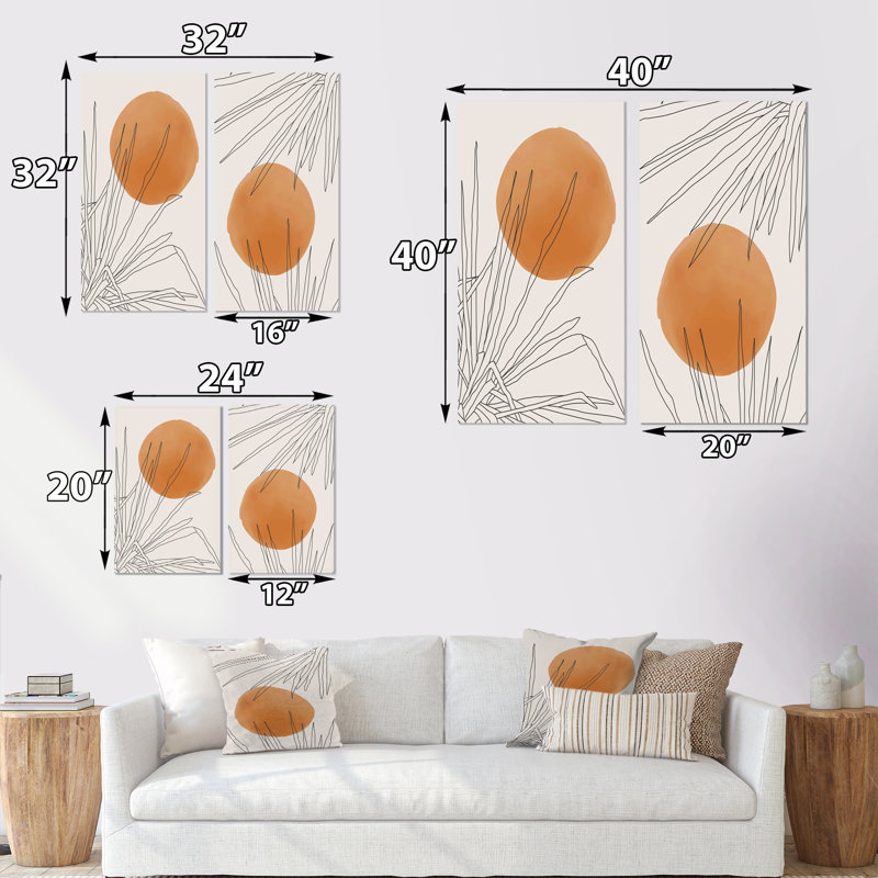 Branche botanique orange avec feuilles I - ensemble de 2 peintures, H 20 po x l 24 po x P 1 po, Toile tendue