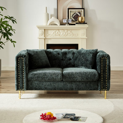 60-Inch Chenille For Living Room Spirit, Pull Buckle Design, Buttons, Copper Nail Decor Armrest, Modern Upholstered Couch And Metal Legs Interior,
