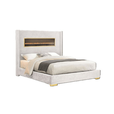 White Queen Upholstered Platform Bed Frame with Contemporary Headboard