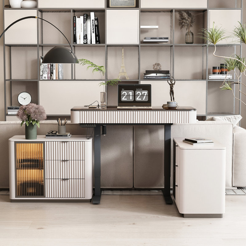 Home office desk, adjustable reversible standing desk with built-in USB and power outlet, glass top, storage drawers, two large capacity storage cabinets