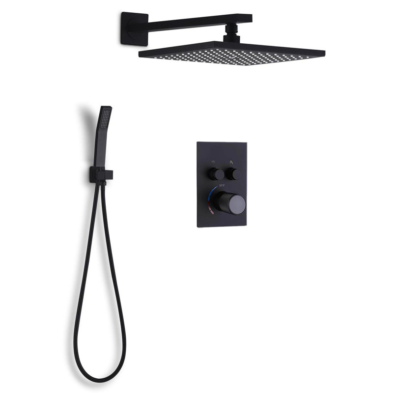 Système de douche mural carré noir avec mélangeur thermostatique et douche à main BathSelect Pescia