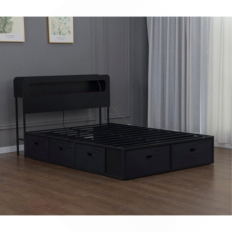 Lit plateforme entièrement métallique avec tête de lit à rangement à 2 niveaux, station de charge USB/Type-C, éclairage DEL et 8 tiroirs en tissu, noir
