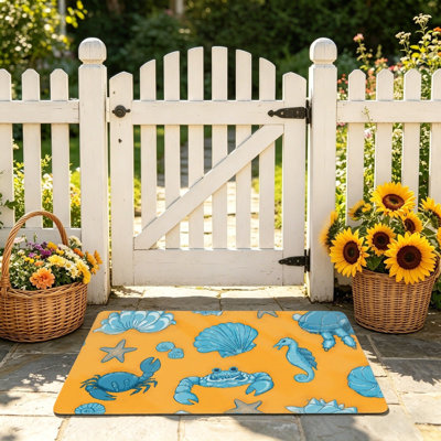 Indoor Outdoor Orange Ocean Creatures Floor Mat, 24"x 36", Blue & Orange