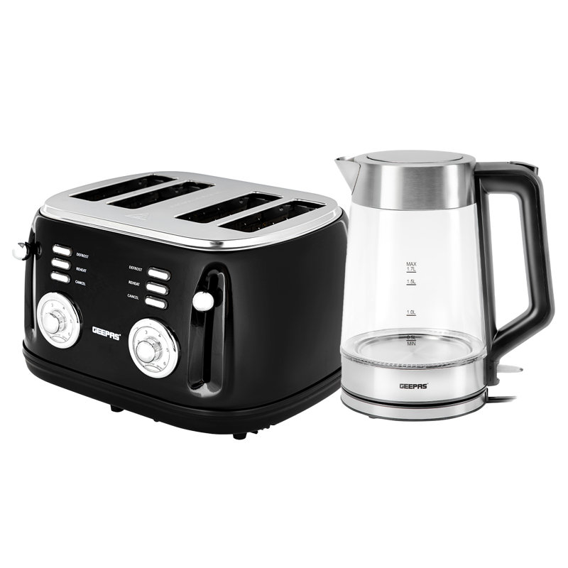 Geepas 4 Slice Bread Toaster & 1.7L Illuminating Electric Glass Kettle Combo Set- Black
