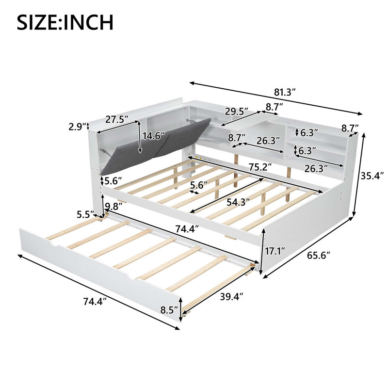 Lit plateforme en bois avec lit gigogne, tablettes et tête de lit, Blanc, Double