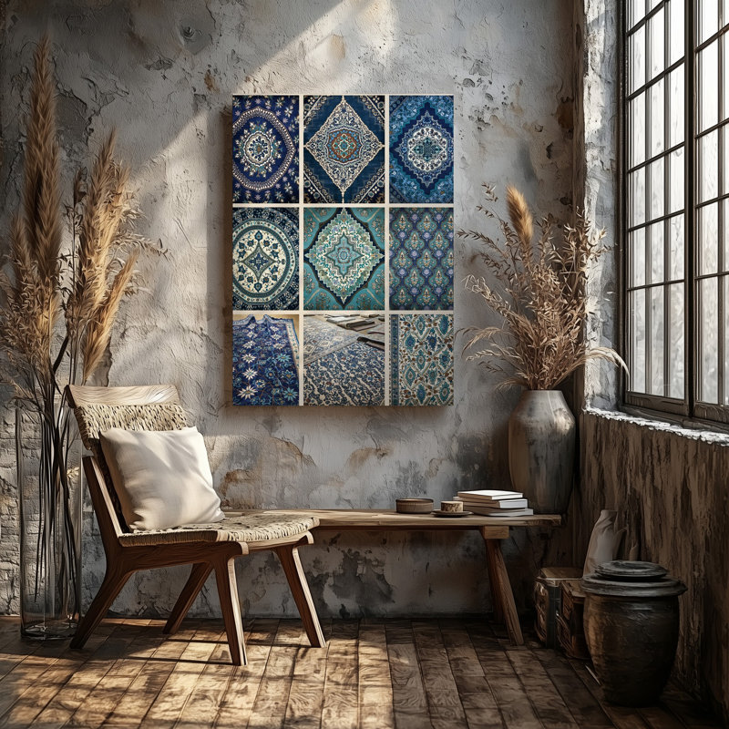 La toile crée un collage vibrant de tapis turcs complexes mettant en vedette une variété de motifs géométriques et floraux dans une toile