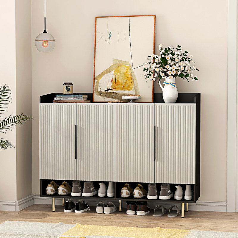 Off-White and Black 4-Door Modern Shoe Cabinet with Adjustable Shelves