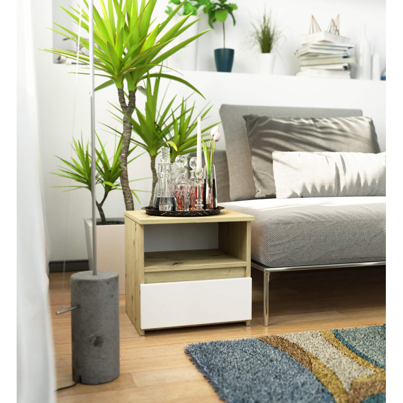 Resmi 40cm W Particle Board Bedside Table, Oak, White