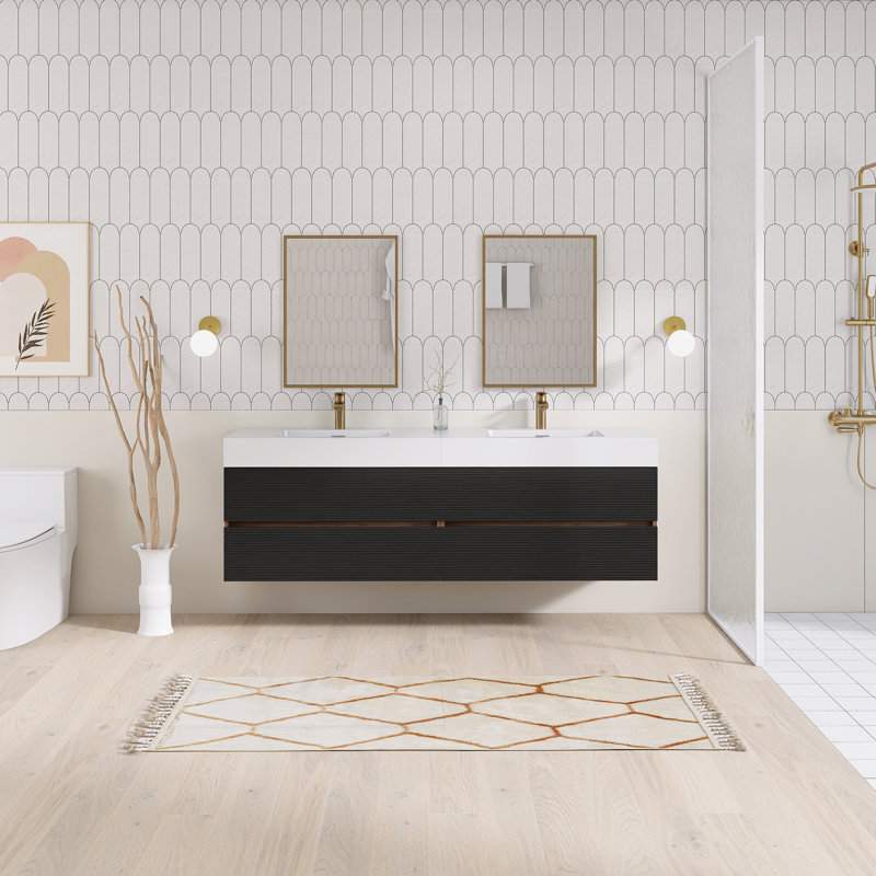 Ensemble de meuble-lavabo mural 72 po avec surface solide 72 po, Noir/noyer, 72"