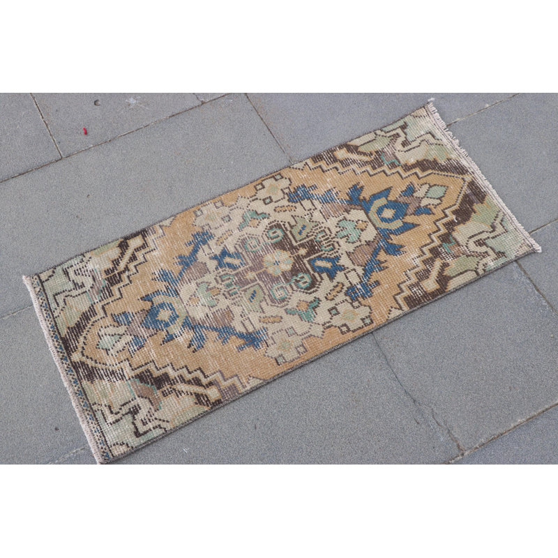 Vintage Turkish Anatolian Rug: Small, Colorful Entryway Decorative Door Mat in Brown Tones