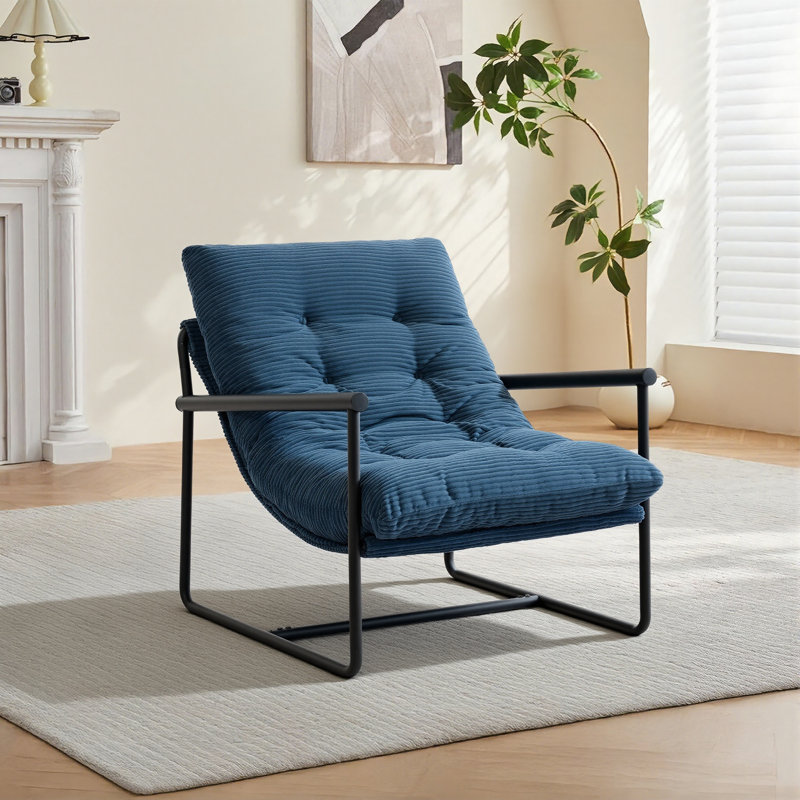 Modern Corduroy Upholstered Accent Chair With Metal Frame, Blue