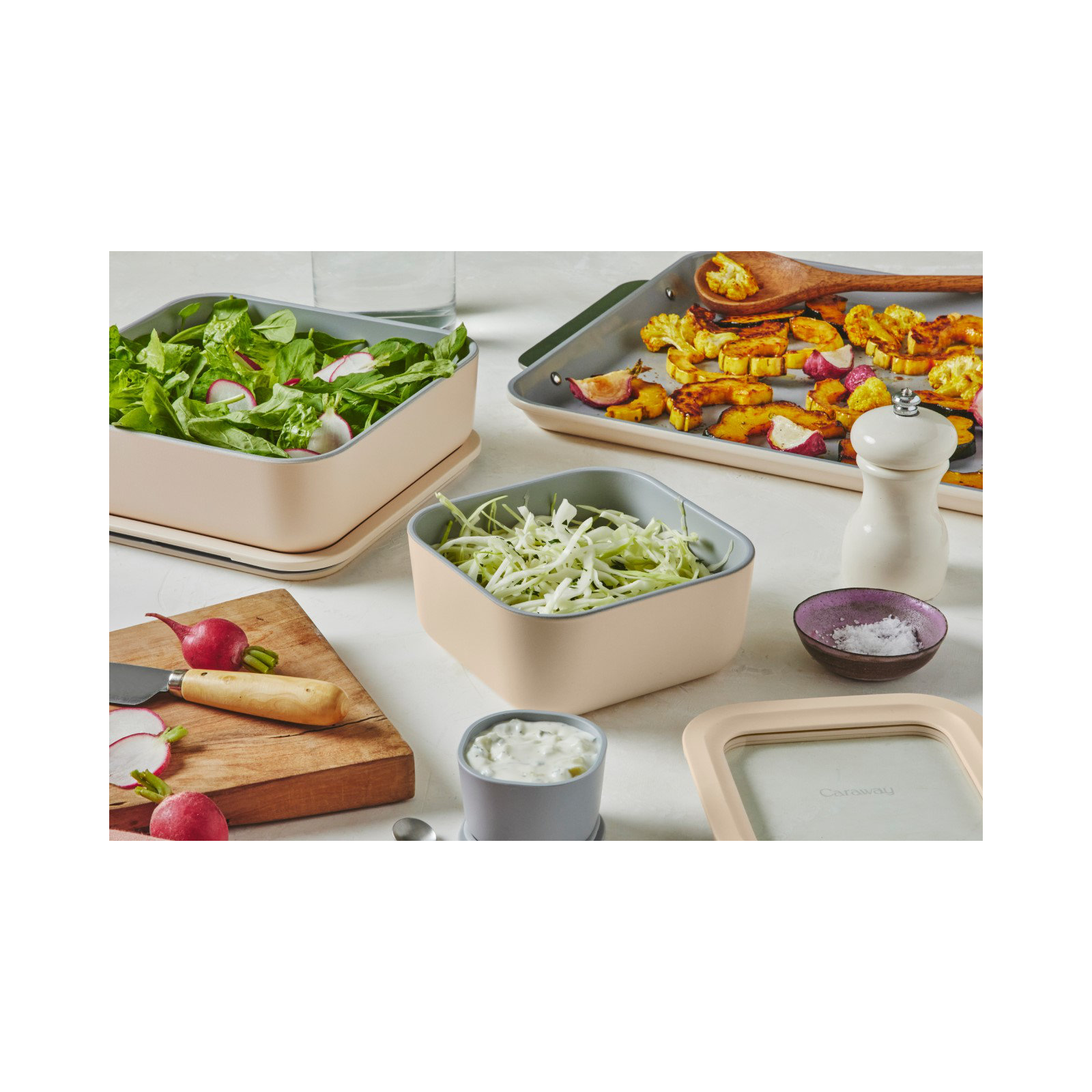 Caraway 6.6 Cup Glass Food Container Rectangular Shape W/ Lid, Cream