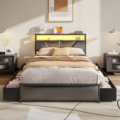 Upholstered Platform Bed Frame Full Size with Charging Station, 6 Drawers and LED Lights, Heavy Duty, No Box Spring Needed