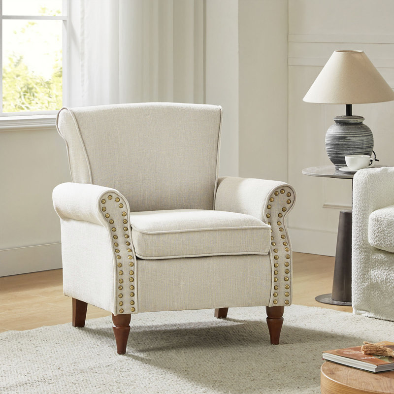 Zellig Traditional Wooden Upholstered Accent Chair, Ivory