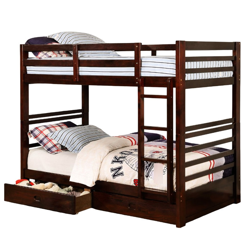 Lit simple superposé simple au design transitionnel, bois massif noyer foncé, deux tiroirs pour la chambre à coucher, attaché, 10 pièces Lattes, Insert - Rails à joint verrouillés, Arrangement,
