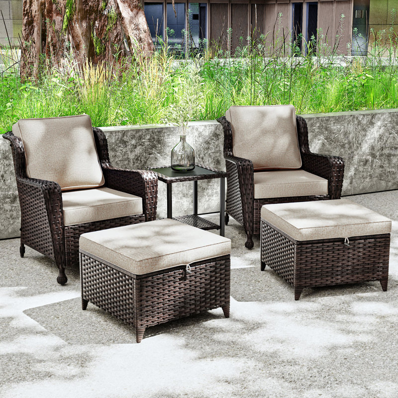 5-piece Patio Rattan Conversation Set With Side Table, Beige