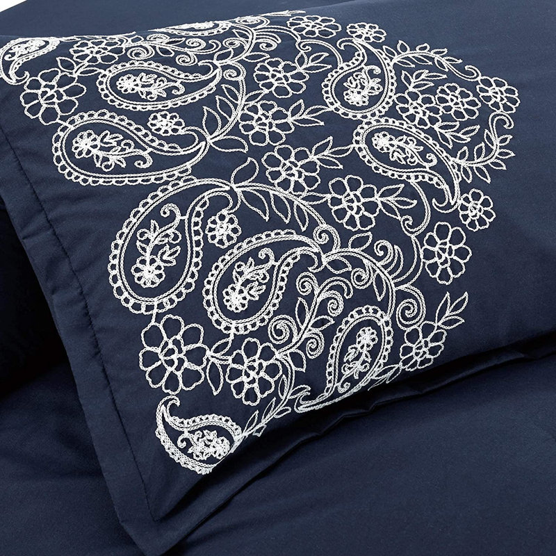 7 Piece Paisley Embroidered  Comforter Set, King Comforter + 2 King Shams, Navy