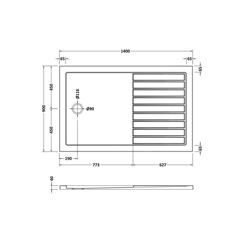 Slip Resistant Rectangular Walk-In Shower Tray 1600 X 800, 4cm H x 90cm W x 140cm D