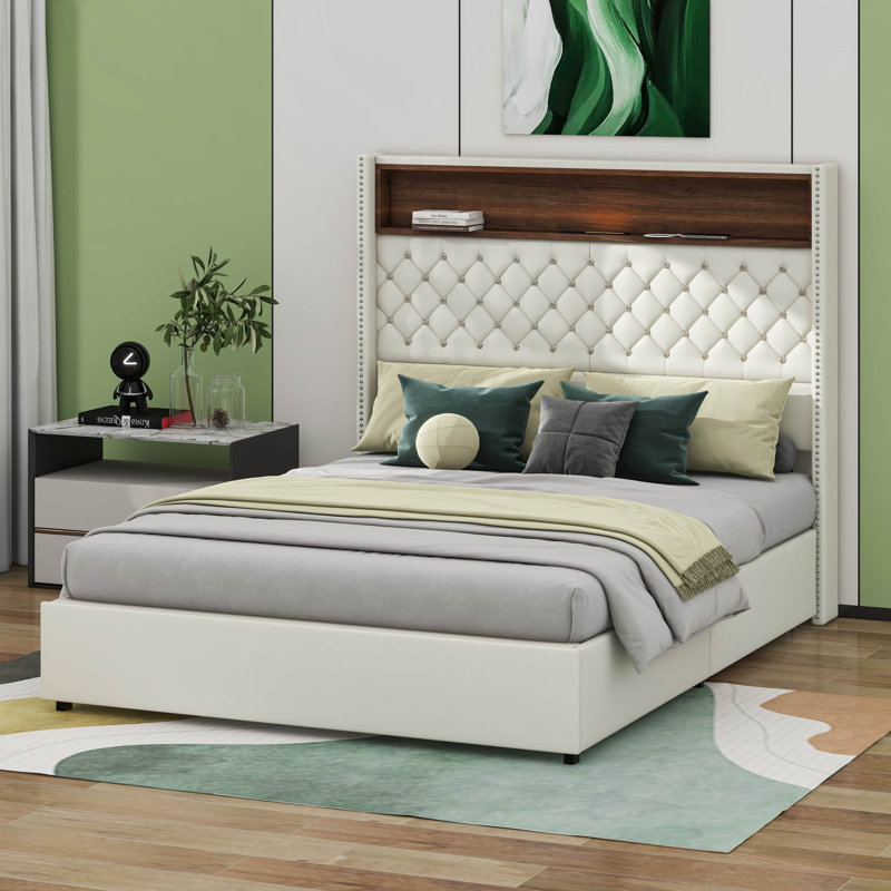 Lit plateforme tapissier en velours avec port USB et veilleuse, cadre de lit doux avec tête de lit et décoration de rivet