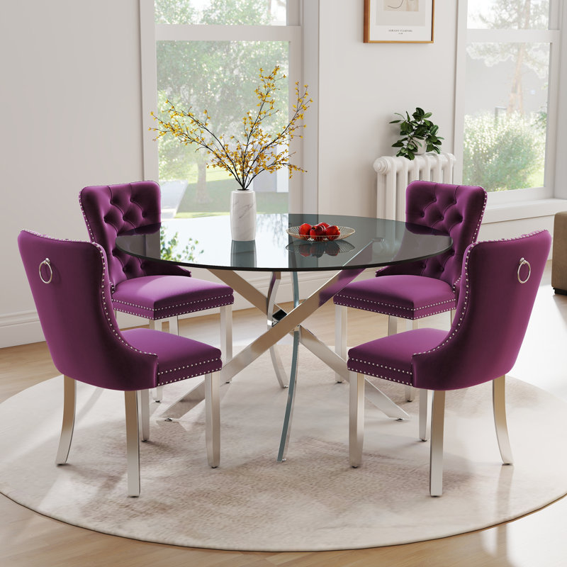 Ensemble de salle à manger à piédestal moderne avec chaise de salle à manger capitonnée en velours, Mauve / argent