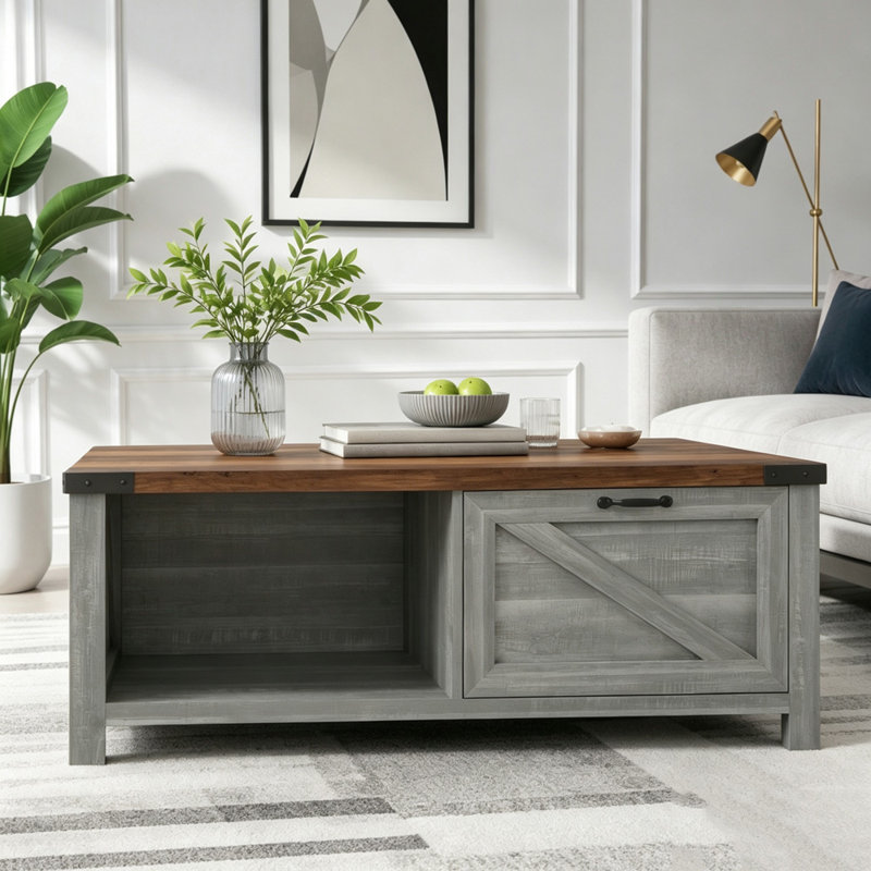 Table basse de style champêtre avec tiroir et étagères ouvertes