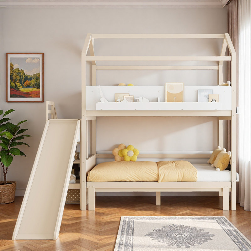Lit superposé en forme de maison avec escalier de rangement, tablettes de présentation et glissade, Beige / Blanc