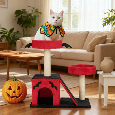 1 arbre à chat 26 po rouge et noir | Pour grands chats, 2 perchoirs rembourrés + spacieux condo + jouet araignée | l 30,7 po x l 16,1 po x H 26,8 po, poteaux / échelle en sisal, décoration d'Halloween, intérieur