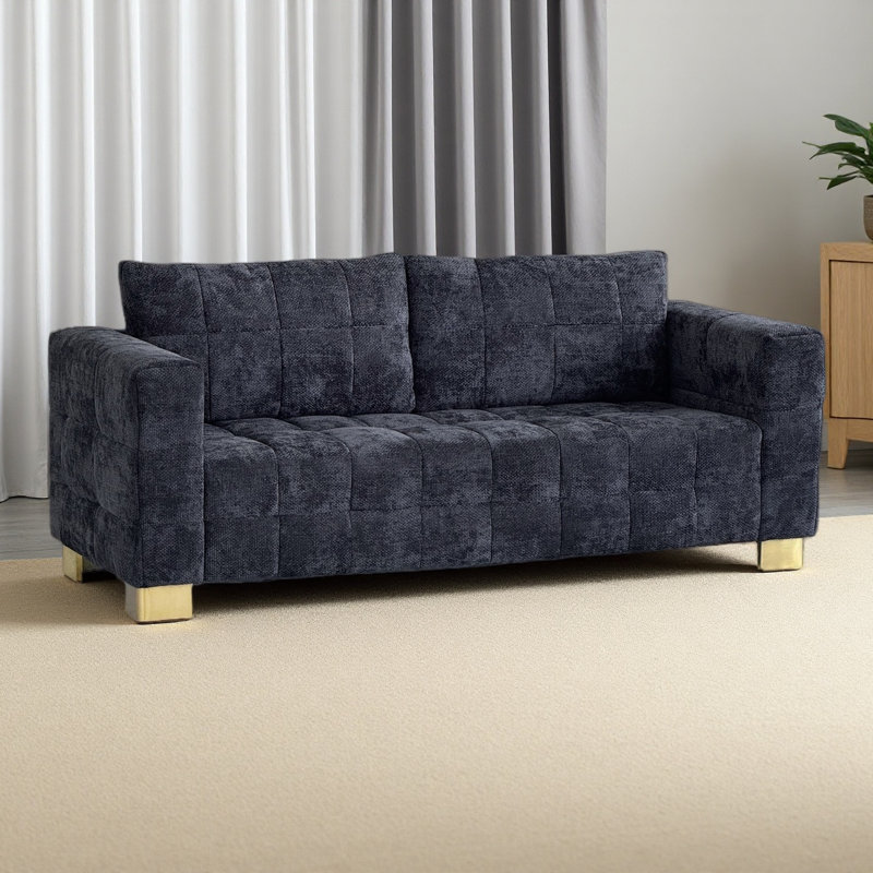 Canapé 3 places à accoudoirs larges en chenille rétro avec pieds en acier inoxydable sur mesure, Noir