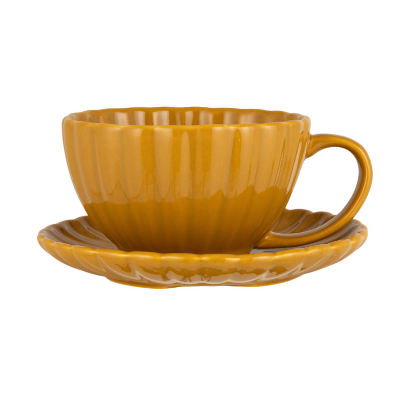 Tasse en grès nervuré avec soucoupe en glacis réactif, Jaune