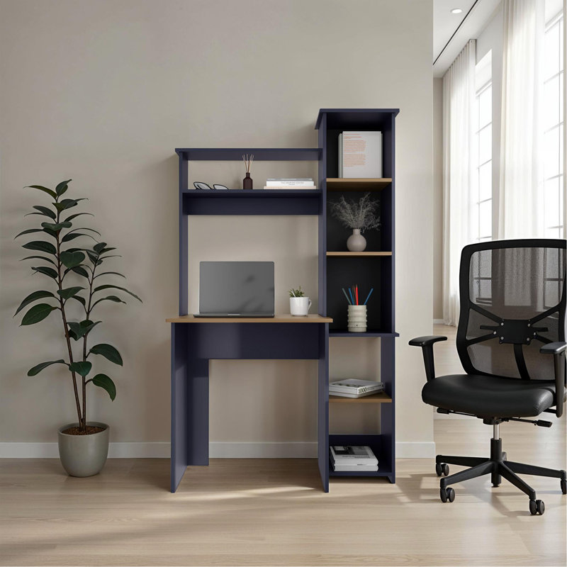 Bureau d'ordinateur avec huche et bibliothèque latérale, bureau moderne avec tablettes de rangement, bleu Kronos et chêne naturel