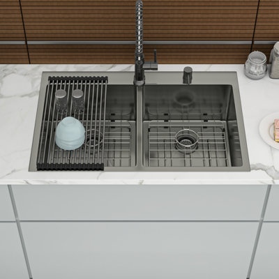 Gunmetal Black Double Bowl Drop In Sink 33" Deep, 22" Wide, 16 Gauge, 10" Deep Basins, 50/50 For Different Cleaning Tasks, Hand - Made With Rear Drain And X Grooves, Sound Proofing Dampening Pads,