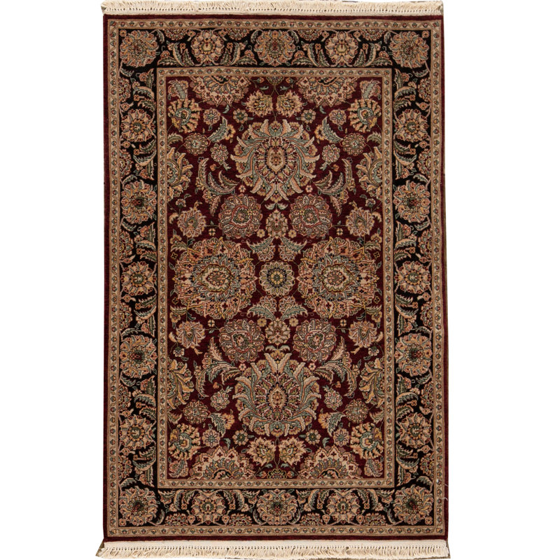 Tapis vert, beige et vin noué à la main de haute qualité