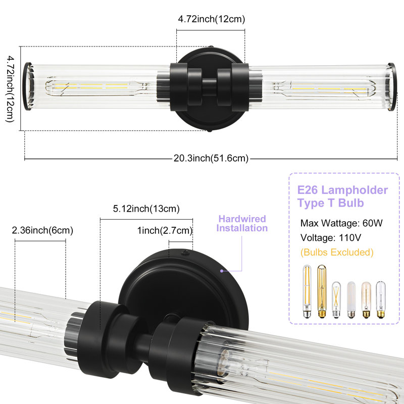 Mercer41 Nanango 2-Light Dimmable Bathroom Vanity Light – Damp Rated, LED Compatible, 15-Min Install, Matte Black