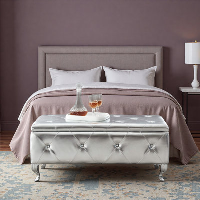 Upholstered Storage Ottoman Bench For Bedroom End Of Bed Faux Leather Rectangular Storage Benches Footrest With Crystal Buttons For Living Room Entryway