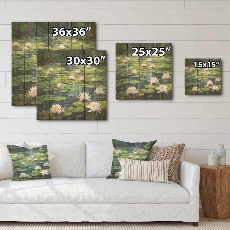 Magical Lotus Lily Pad Pond - Lotus Wood Wall Art On Natural Pine Wood, 15" H x 15" W