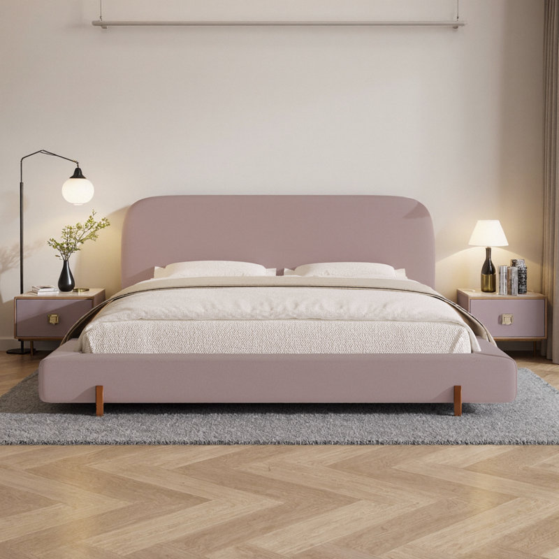 Structure de lit tapissier très grand en velours rose avec pieds en bois d'hévéa massif - élégant lit plateforme moderne