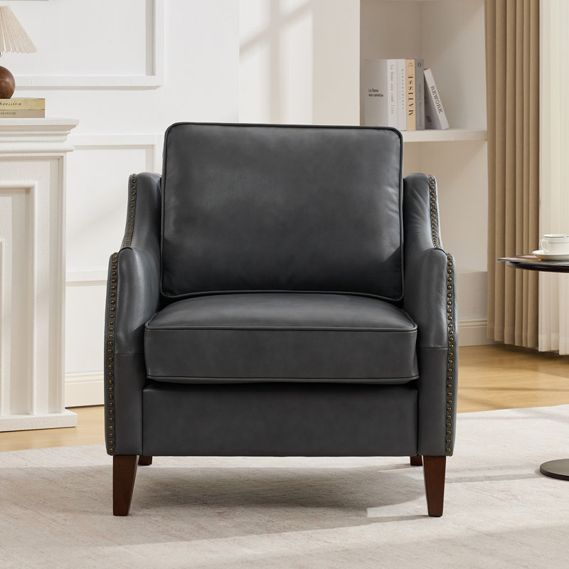Fauteuil d'appoint rembourré en cuir véritable de 33,4 po de largeur, Navy Grey